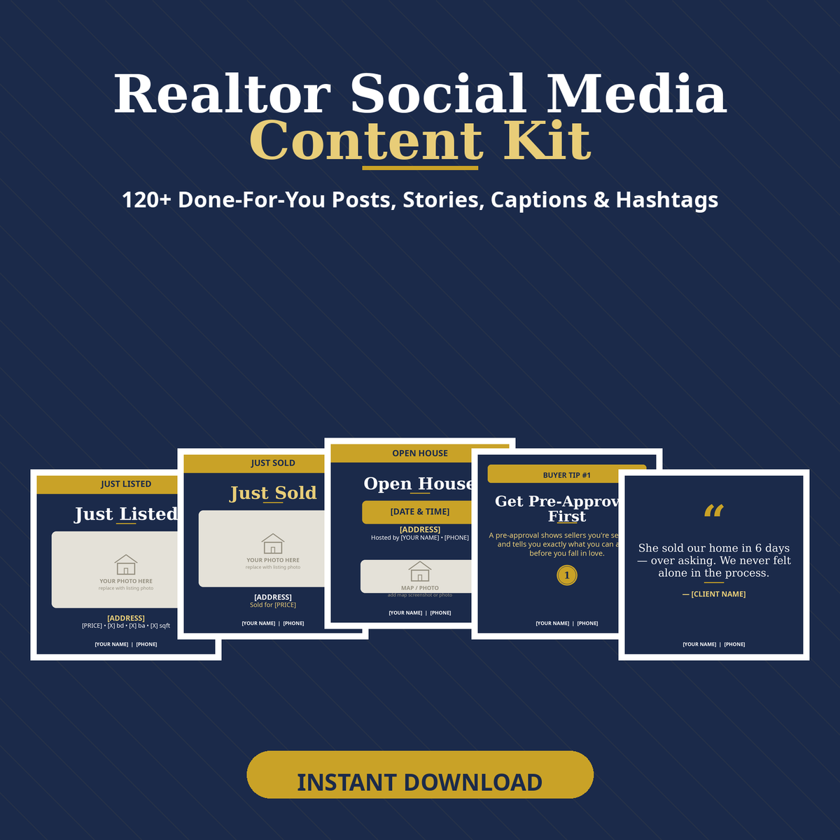 Realtor Social Media Content Kit – 120 Done-For-You Posts, Stories, Captions & Hashtags