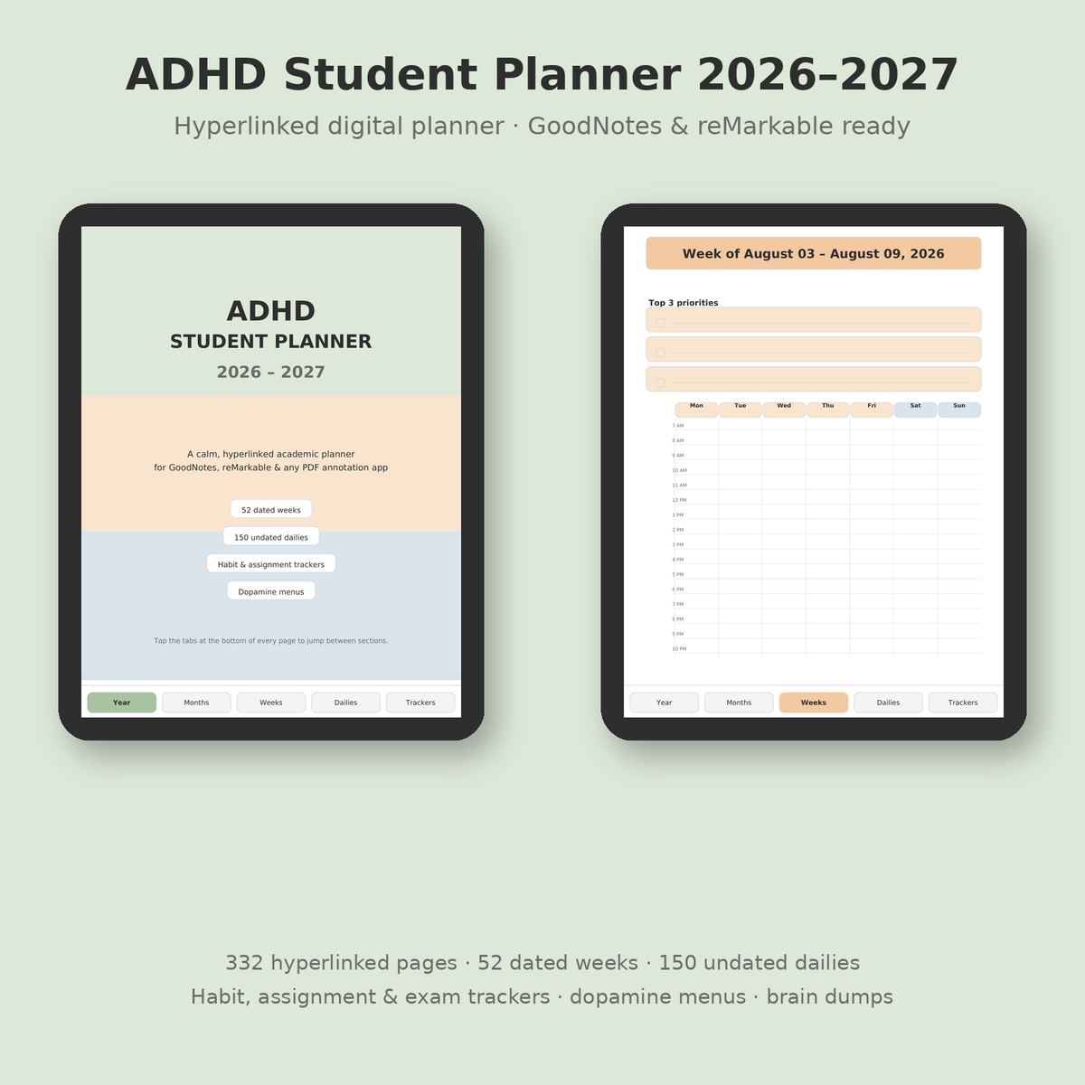 ADHD Student Planner 2026–2027 – 332-Page Hyperlinked Digital Planner