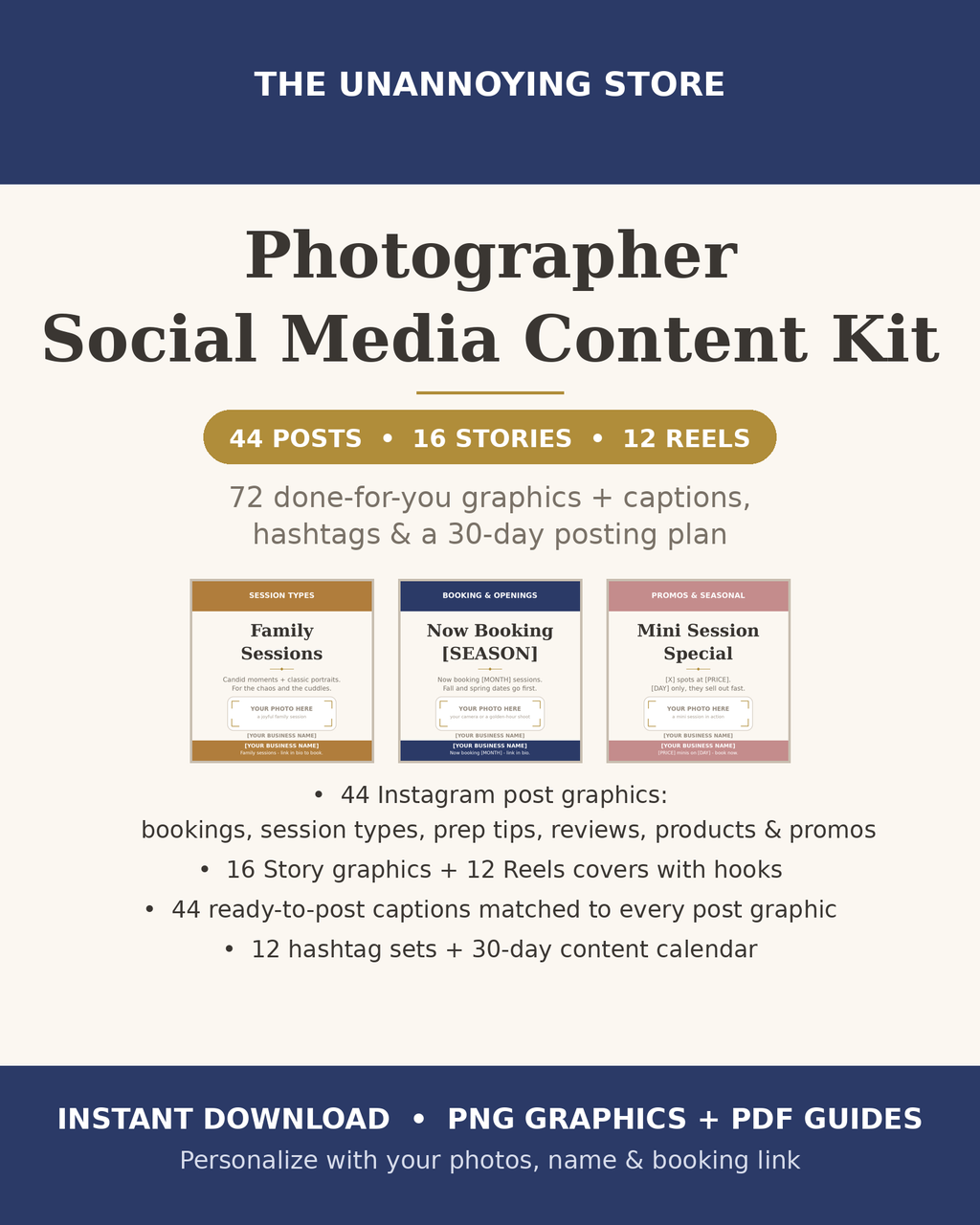 Photographer Social Media Content Kit cover, 72 done-for-you graphics
