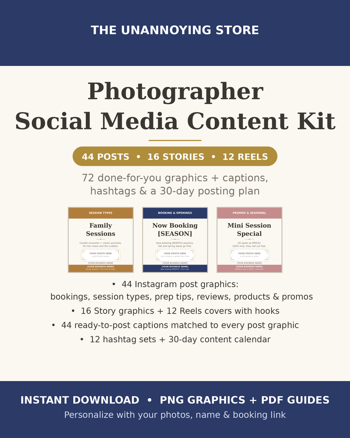 Photographer Social Media Content Kit cover, 72 done-for-you graphics