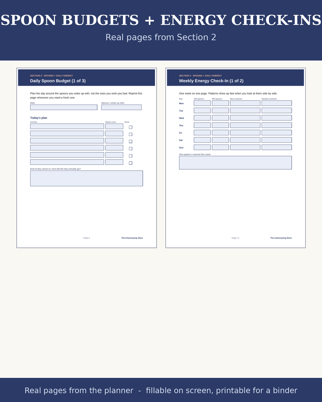 Spoon budgets and energy check-ins: real pages
