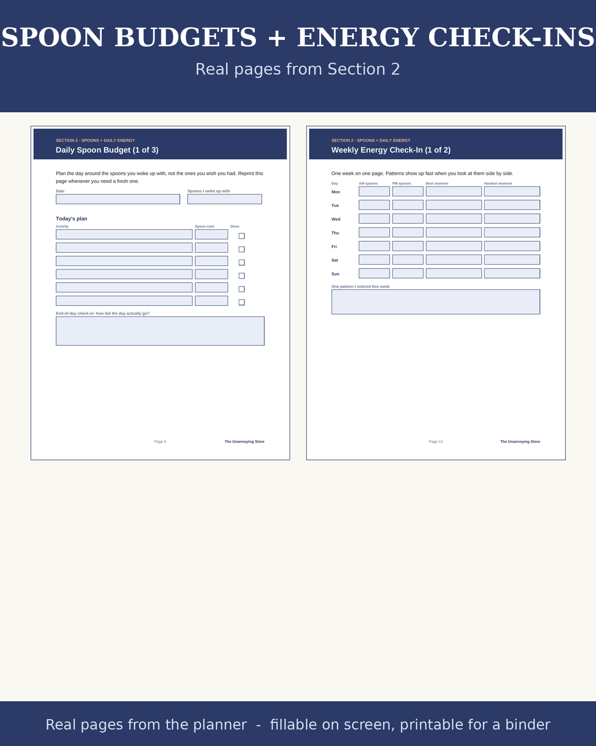 Spoon budgets and energy check-ins: real pages