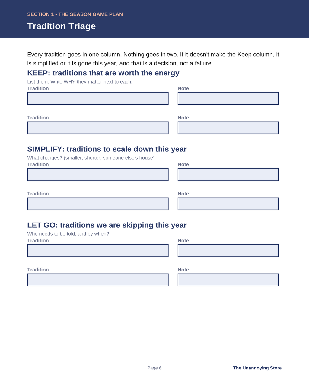 Tradition triage worksheet page