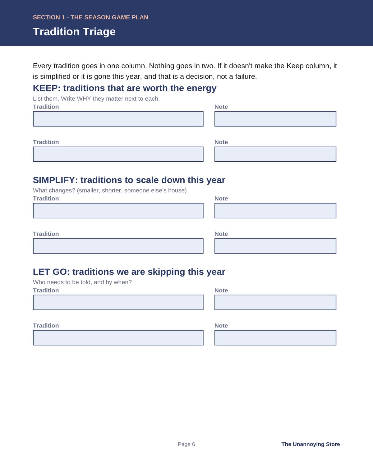 Tradition triage worksheet page