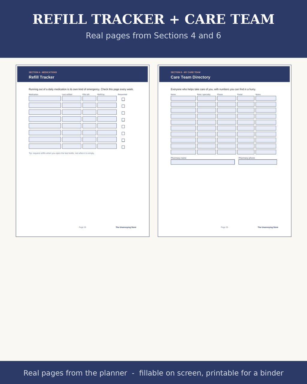 Refill tracker and care team directory: real pages