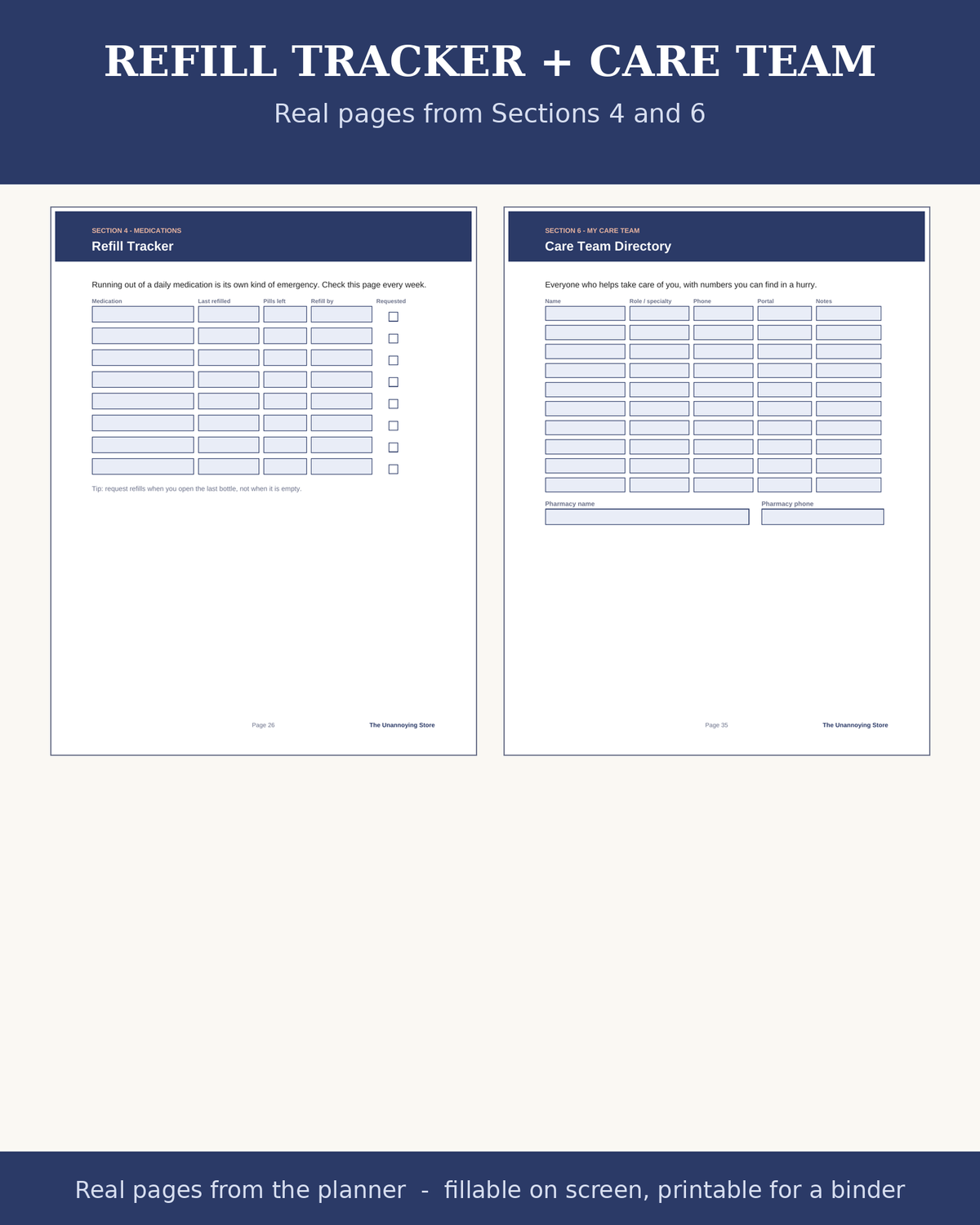 Refill tracker and care team directory: real pages