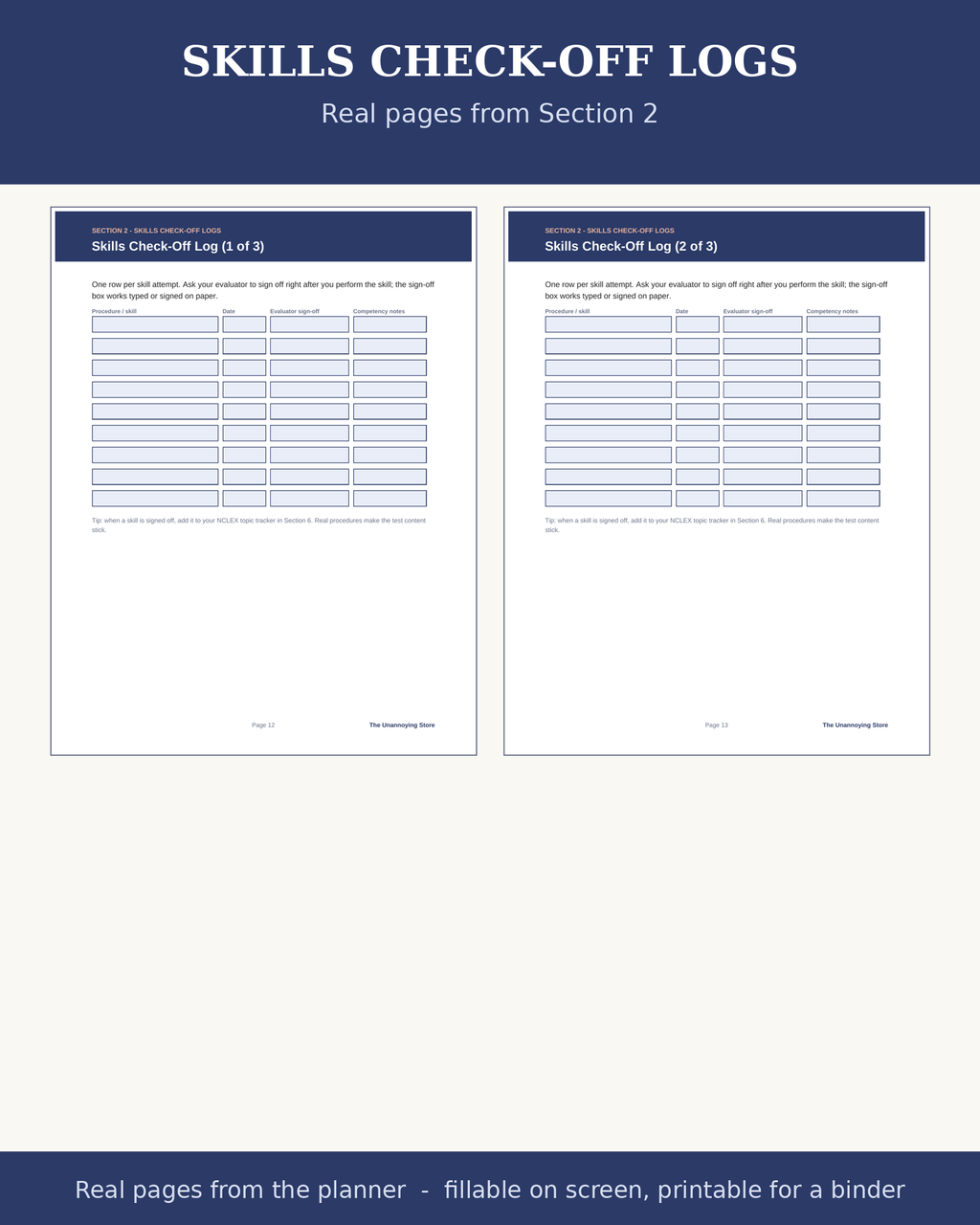 Skills check-off log sample pages