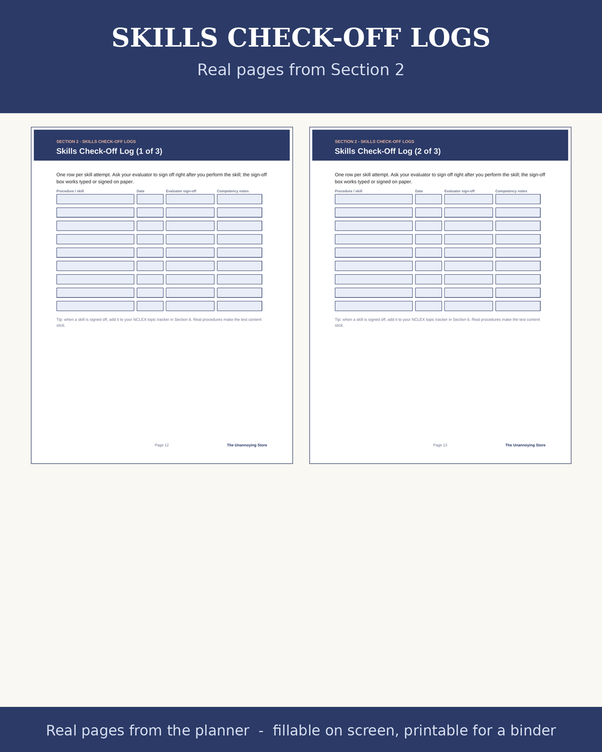 Skills check-off log sample pages