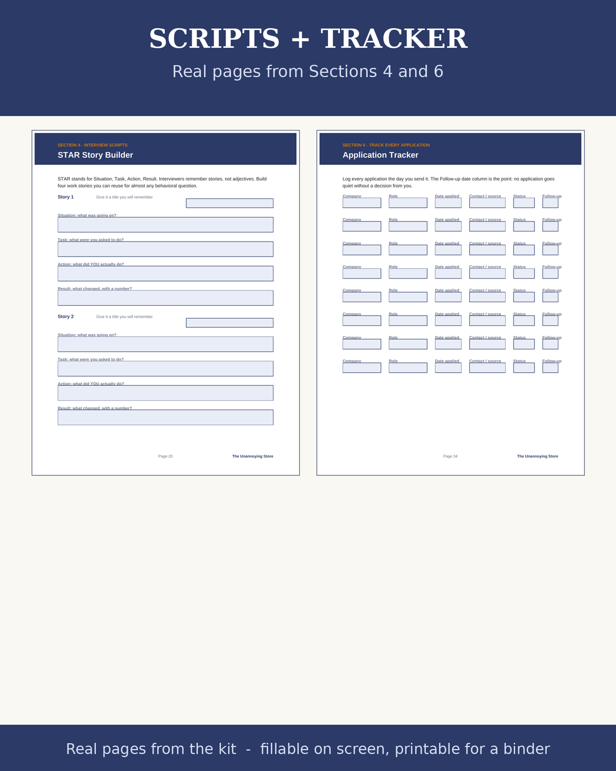 Interview scripts and application tracker sample pages
