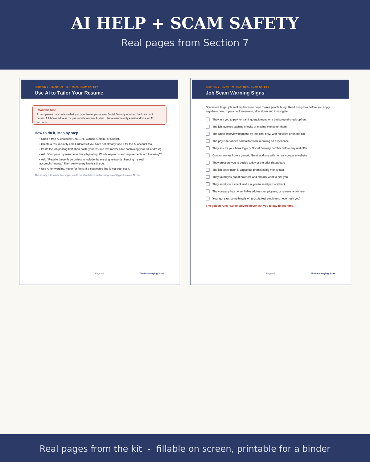 AI help and job scam safety sample pages