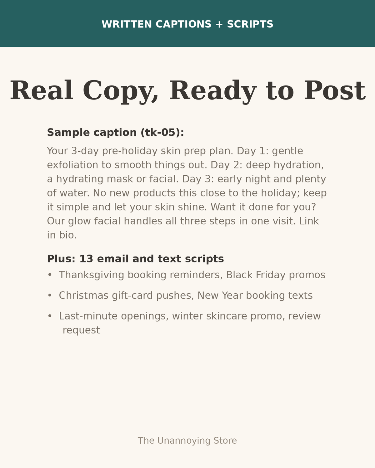 Written captions and scripts sample from the Medspa Holiday and Seasonal Content Pack