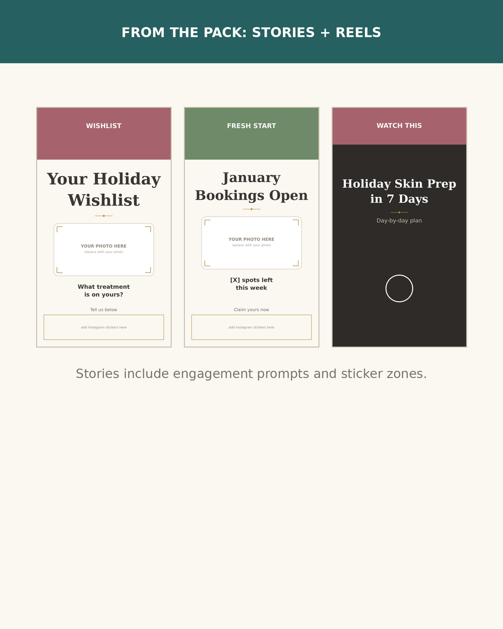 Story and Reels cover samples from the Medspa Holiday and Seasonal Content Pack