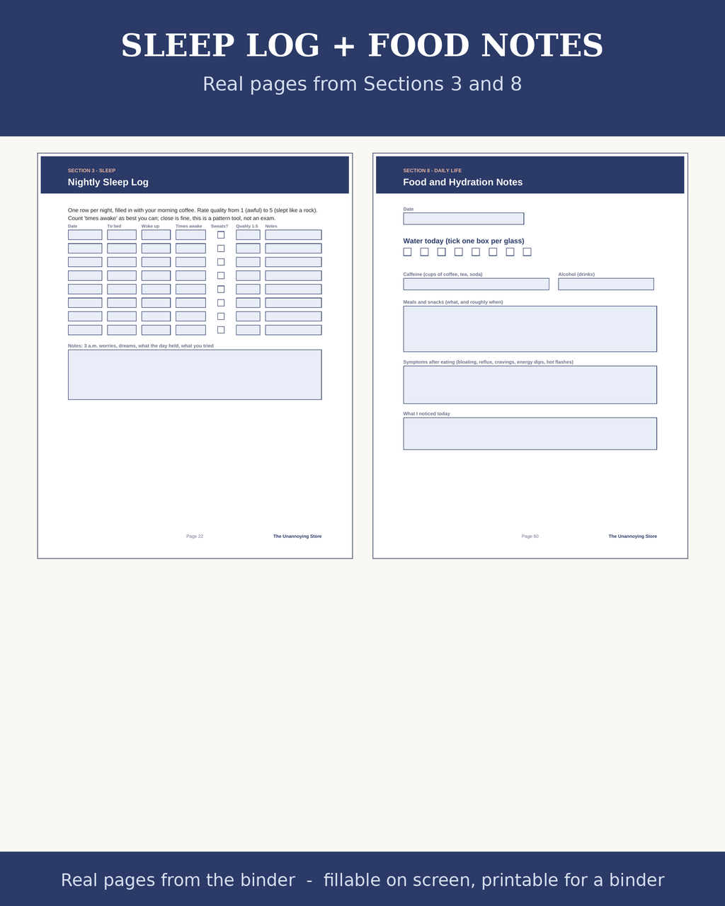 Sleep log and food notes: real pages