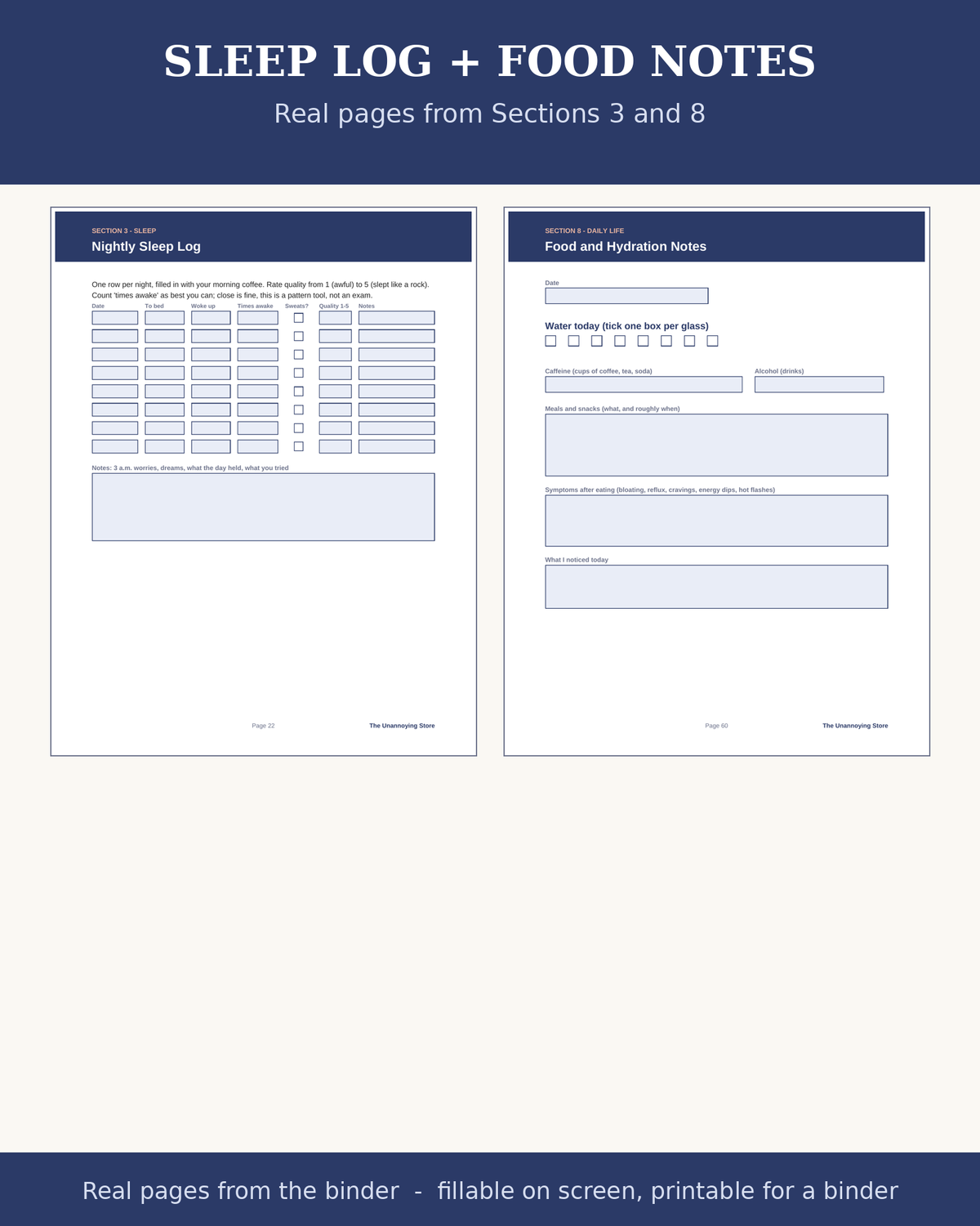 Sleep log and food notes: real pages