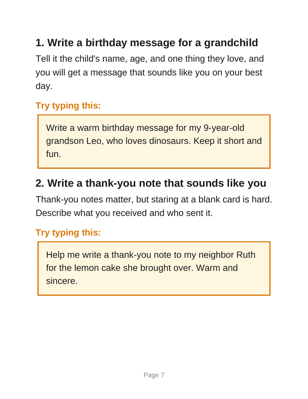 AI for Seniors guide sample pages: items 1 and 2 with copy-paste prompt boxes