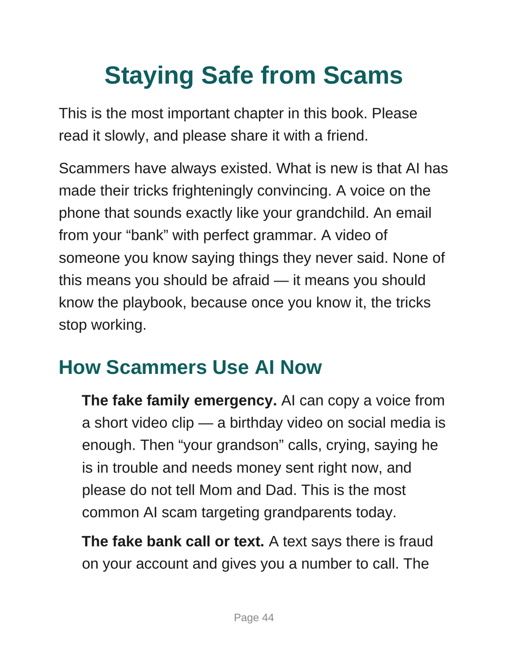 AI for Seniors guide sample page: Staying Safe from Scams chapter opener
