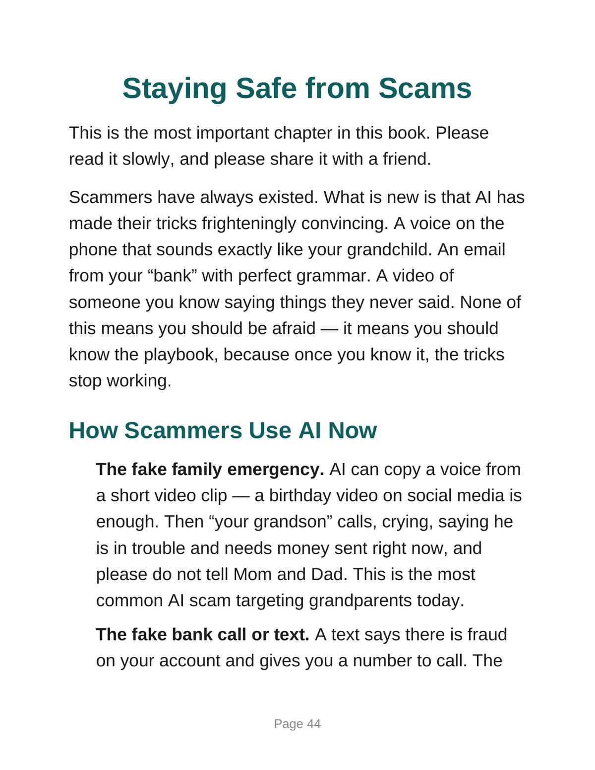 AI for Seniors guide sample page: Staying Safe from Scams chapter opener