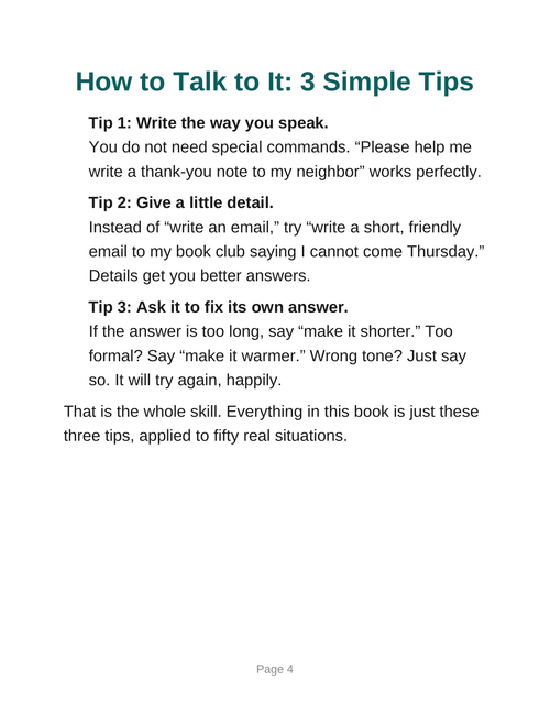 AI for Seniors guide sample page: 3 simple tips, large print