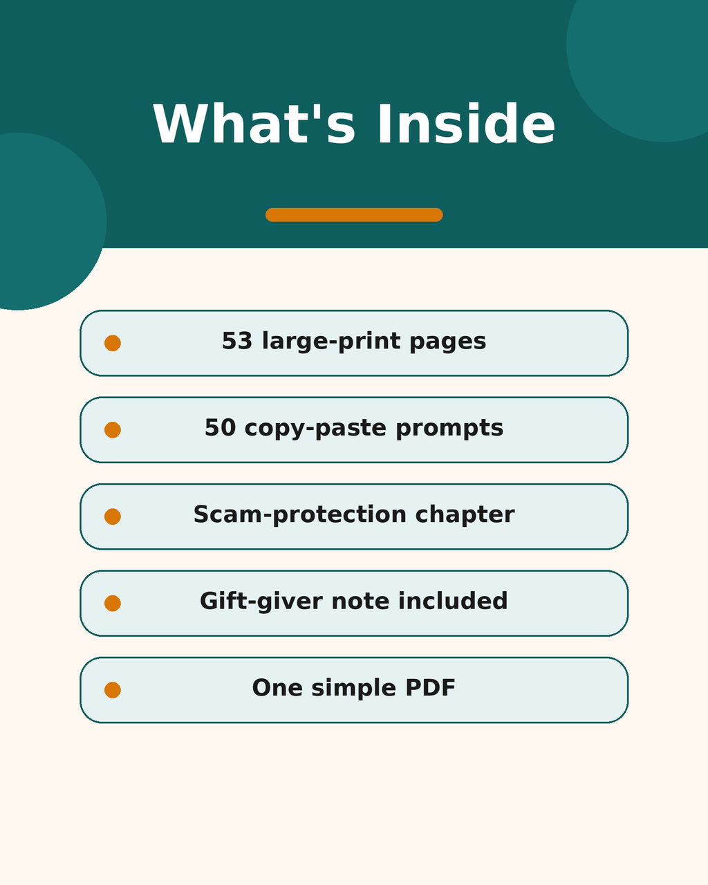 What's Inside: 53 large-print pages, 50 copy-paste prompts, scam-protection chapter