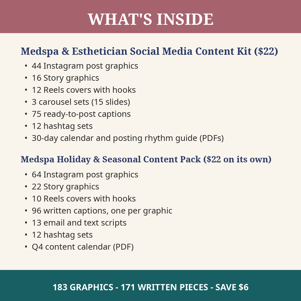 What's inside the Medspa Content Bundle: both kits listed with their contents, 183 graphics and 171 written pieces total, save $6 versus buying separately