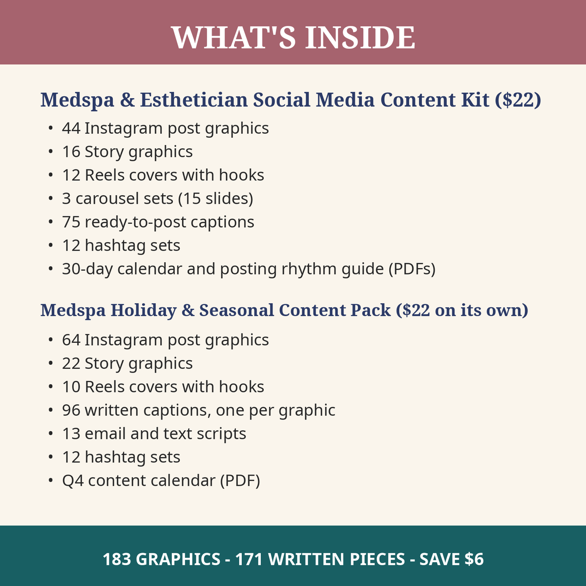 What's inside the Medspa Content Bundle: both kits listed with their contents, 183 graphics and 171 written pieces total, save $6 versus buying separately