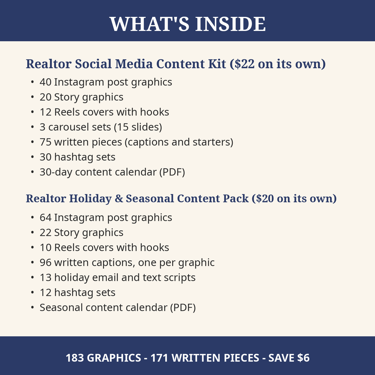 What's inside the Realtor Content Bundle: both kits listed with their contents, 183 graphics and 171 written pieces total, save $6 versus buying separately